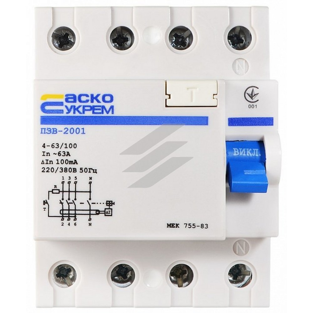 Пристрій захисного відключення УКРЕМ ПЗВ-2001 4р/63А/100мА, Аско-Укрем